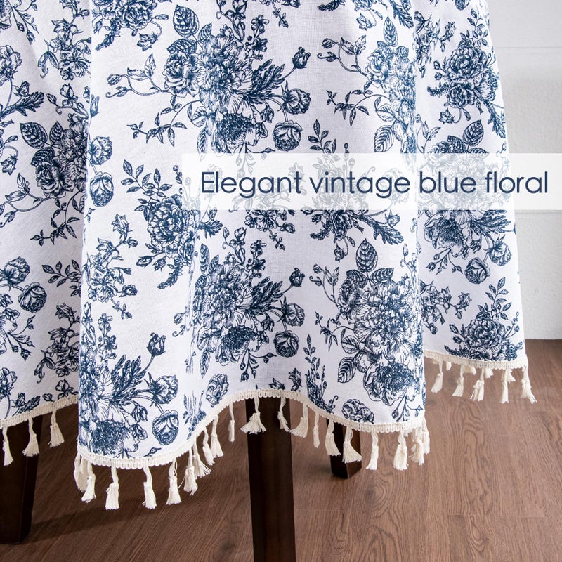 LOVOUS Vintage Blue Floral Round Tablecloth 60 Inch - Washable Linen Table Cloth for Round Table Cover Indoor & Outdoor Dining, Restaurant, Picnic, Pastoral Tablecloth Decor - Image 5