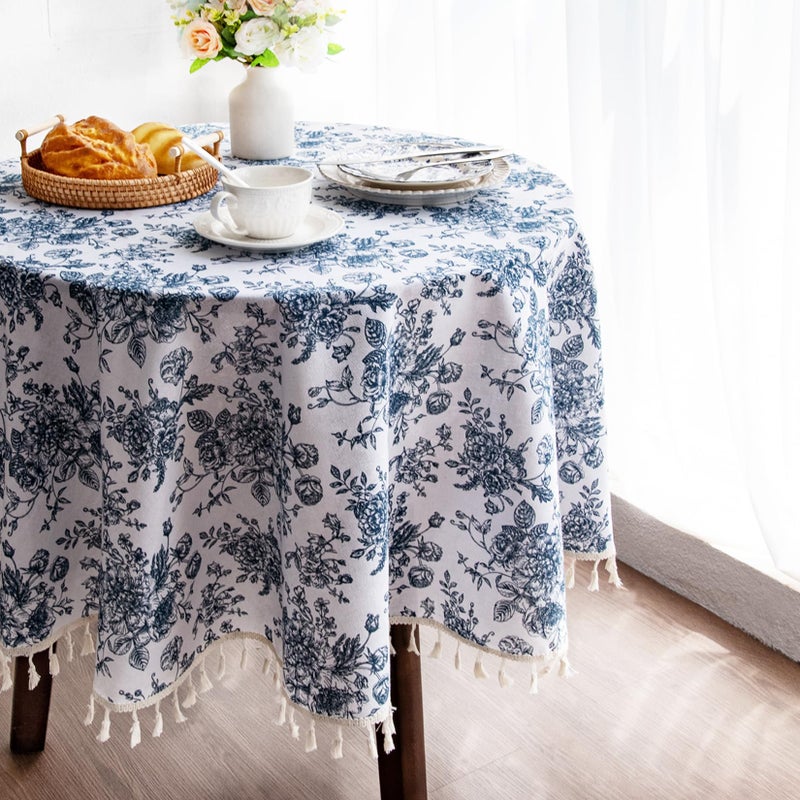 LOVOUS Vintage Blue Floral Round Tablecloth 60 Inch - Washable Linen Table Cloth for Round Table Cover Indoor & Outdoor Dining, Restaurant, Picnic, Pastoral Tablecloth Decor - Image 1
