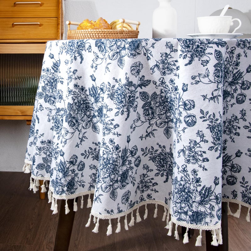 LOVOUS Vintage Blue Floral Round Tablecloth 60 Inch - Washable Linen Table Cloth for Round Table Cover Indoor & Outdoor Dining, Restaurant, Picnic, Pastoral Tablecloth Decor - Image 4