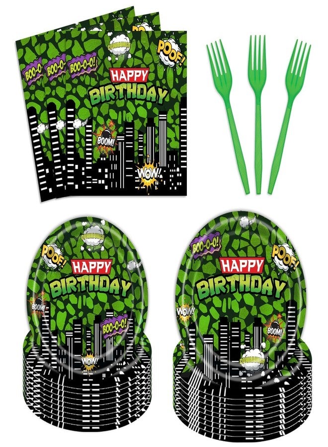 Vanulus 96 Pcs Ninja Superhero Birthday Party Plates and Napkins Green Comics Cityscape Buildings Party Supplies Set Boy Kids Green Tortoise Birthday Party Decorations Serve 24 Guests Tableware - Image 1