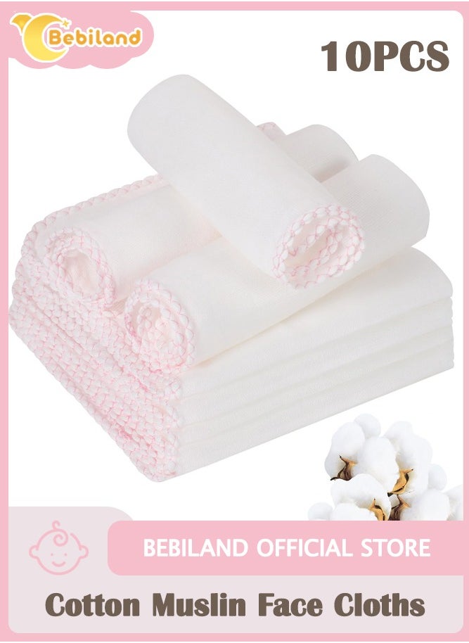 Bebiland 10 PCS Cotton Muslin Face Cloths, 30*30cm Muslin (Pink Edge) ﻿  - Image 1