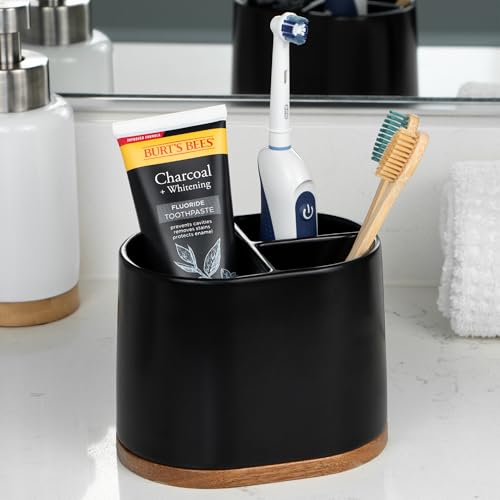 DAILY RITMO® Large Black Toothbrush Holder for Bathrooms with Bamboo Base | Modern 3 Slots Compartment White Ceramic Marble Like Toothpaste Cup for Electric and Kids Tooth Brushes - Image 1