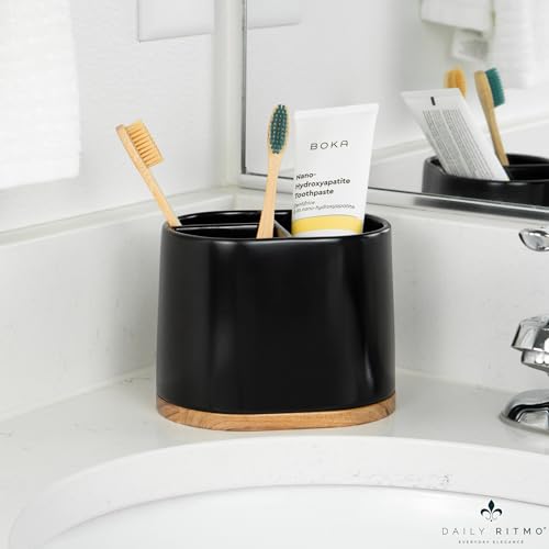 DAILY RITMO® Large Black Toothbrush Holder for Bathrooms with Bamboo Base | Modern 3 Slots Compartment White Ceramic Marble Like Toothpaste Cup for Electric and Kids Tooth Brushes - Image 2