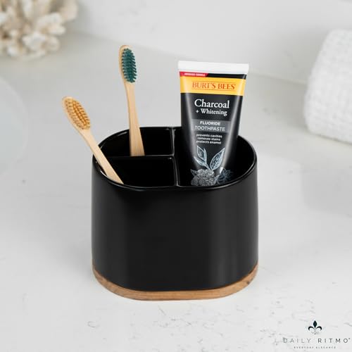 DAILY RITMO® Large Black Toothbrush Holder for Bathrooms with Bamboo Base | Modern 3 Slots Compartment White Ceramic Marble Like Toothpaste Cup for Electric and Kids Tooth Brushes - Image 5