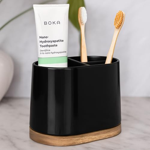 DAILY RITMO® Large Black Toothbrush Holder for Bathrooms with Bamboo Base | Modern 3 Slots Compartment White Ceramic Marble Like Toothpaste Cup for Electric and Kids Tooth Brushes - Image 3