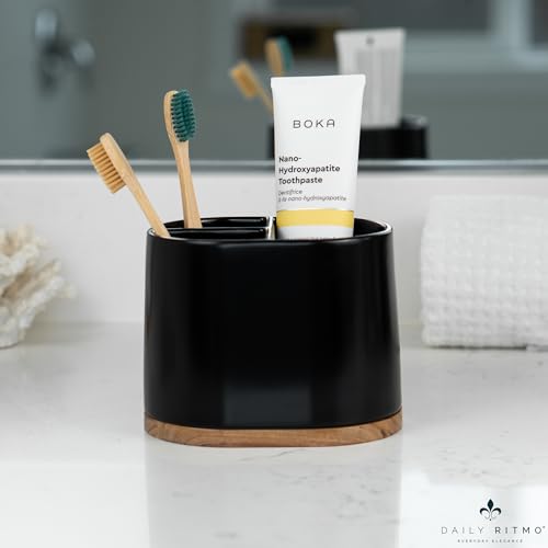 DAILY RITMO® Large Black Toothbrush Holder for Bathrooms with Bamboo Base | Modern 3 Slots Compartment White Ceramic Marble Like Toothpaste Cup for Electric and Kids Tooth Brushes - Image 4