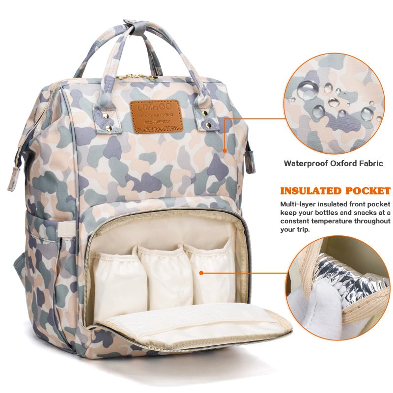 LIMHOO Diaper Bag Backpack for Men Dad, Waterproof Large Canvas Camo Nappy Bags, Baby Care Bag (Light Camo) - Image 2