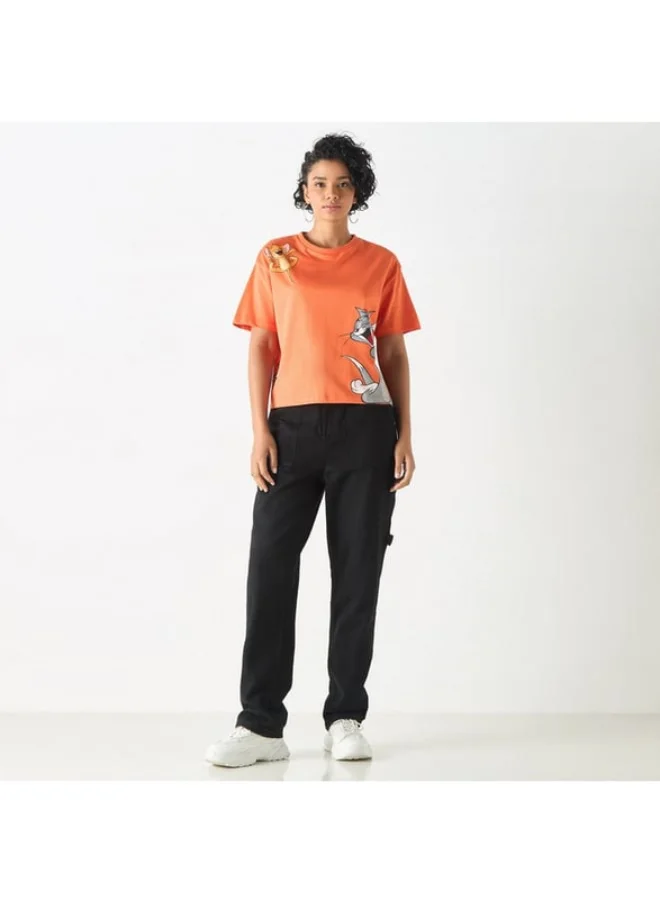 SP Characters Tom and Jerry Print Crew Neck T-shirt with Short Sleeves