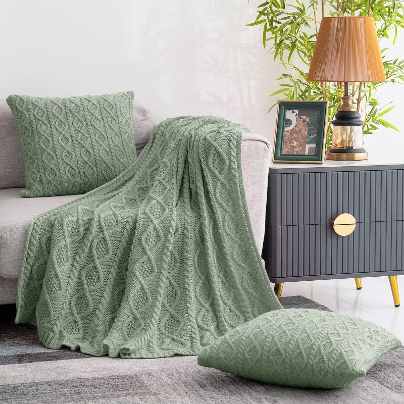 Homiest Cable Knit Throw Blanket and Pillow Set  Sage Green Throw Blanket Set of 3  Knitted Throw Blanket (50""x60"") & 2 Pillow Covers (18""x18"")  Soft & Cozy Decorative Throw Blanket for Couch Bed Sofa - Image 3