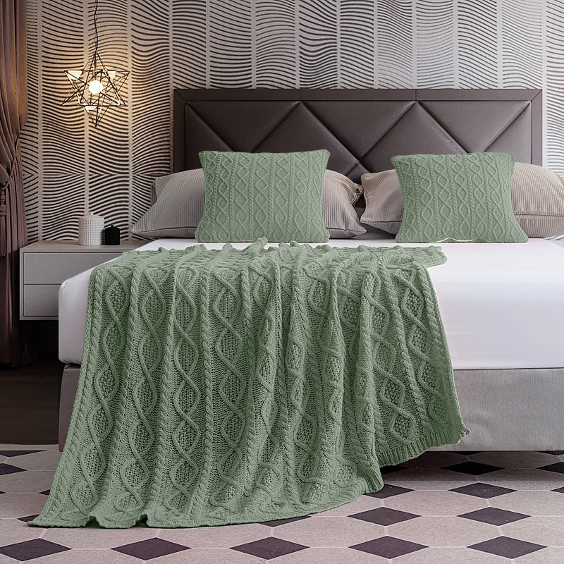 Homiest Cable Knit Throw Blanket and Pillow Set  Sage Green Throw Blanket Set of 3  Knitted Throw Blanket (50""x60"") & 2 Pillow Covers (18""x18"")  Soft & Cozy Decorative Throw Blanket for Couch Bed Sofa - Image 5