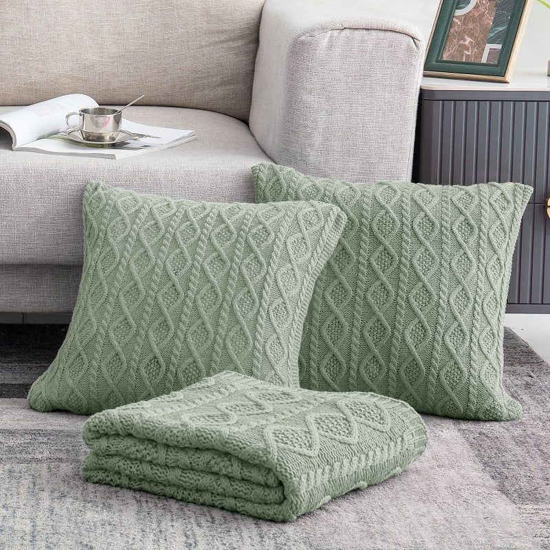 Homiest Cable Knit Throw Blanket and Pillow Set  Sage Green Throw Blanket Set of 3  Knitted Throw Blanket (50""x60"") & 2 Pillow Covers (18""x18"")  Soft & Cozy Decorative Throw Blanket for Couch Bed Sofa - Image 2