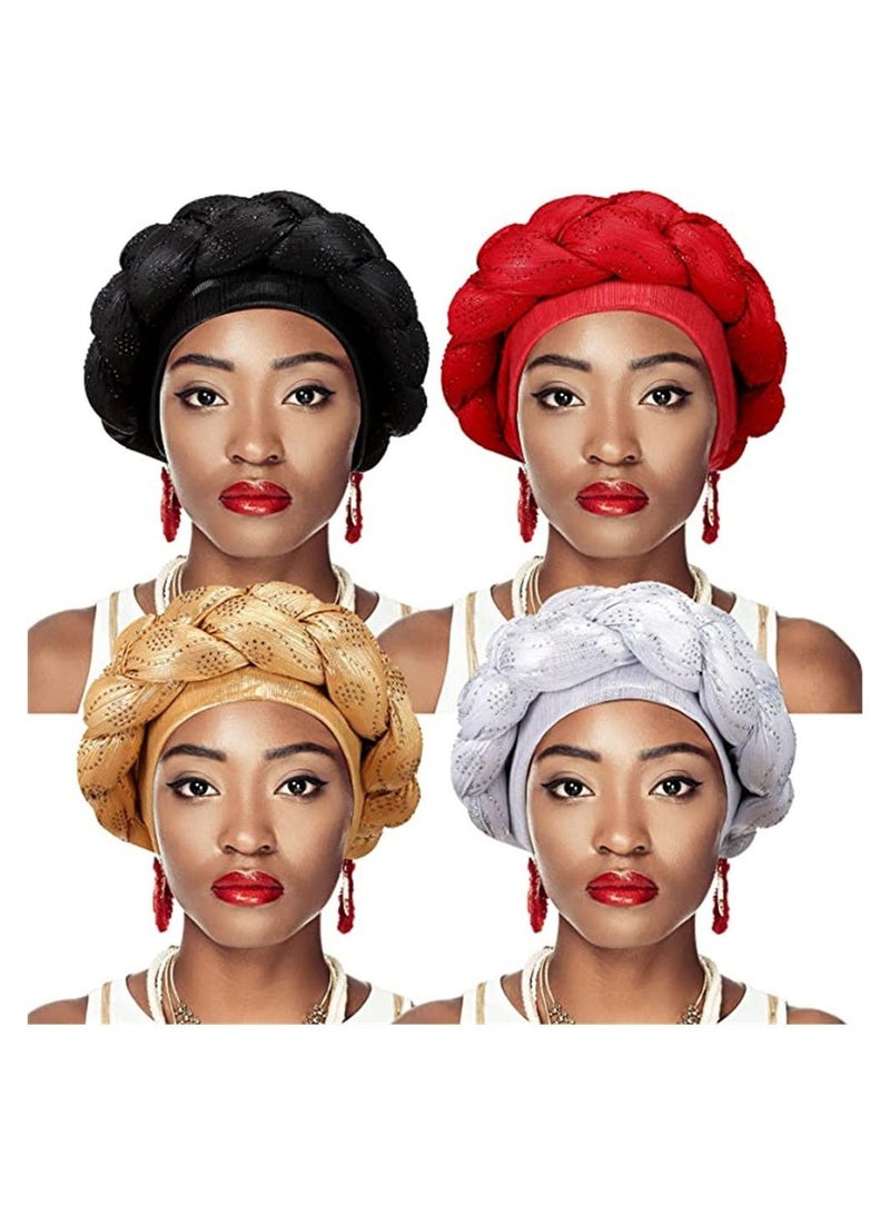 4 Pcs African Turban Head Wrap For Women And Girls Braid Crystals Head Turbans Soft Twisted Wrap Caps For Women Medium - Image 1
