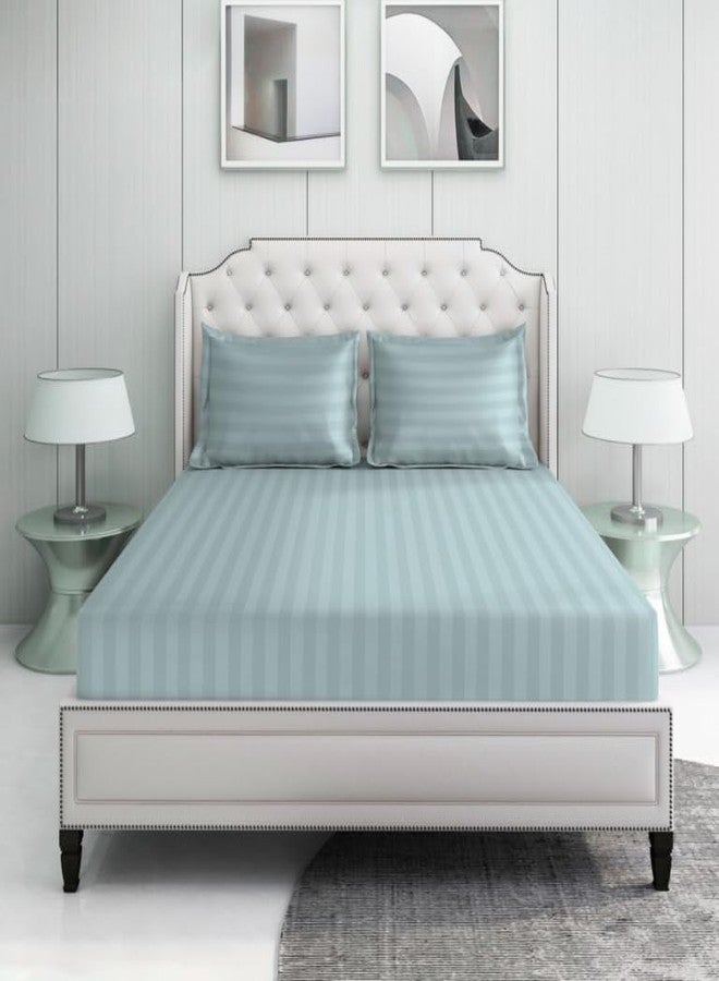 AVIS BEDLINEN طقم ملاءات سرير من AVIS BEDLINEN، مصنوع من القطن الخالص 100%، بنسيج 600 خيط، بنقشة مخططة، مع غطاءين للوسائد | طقم ملاءات ناعم ومريح ومتين لغرفة النوم | ملاءة سرير خفيفة الوزن وجيدة التهوية مناسبة لجميع الفصول (مقاس كينج، لون أزرق سماوي) - Image 2