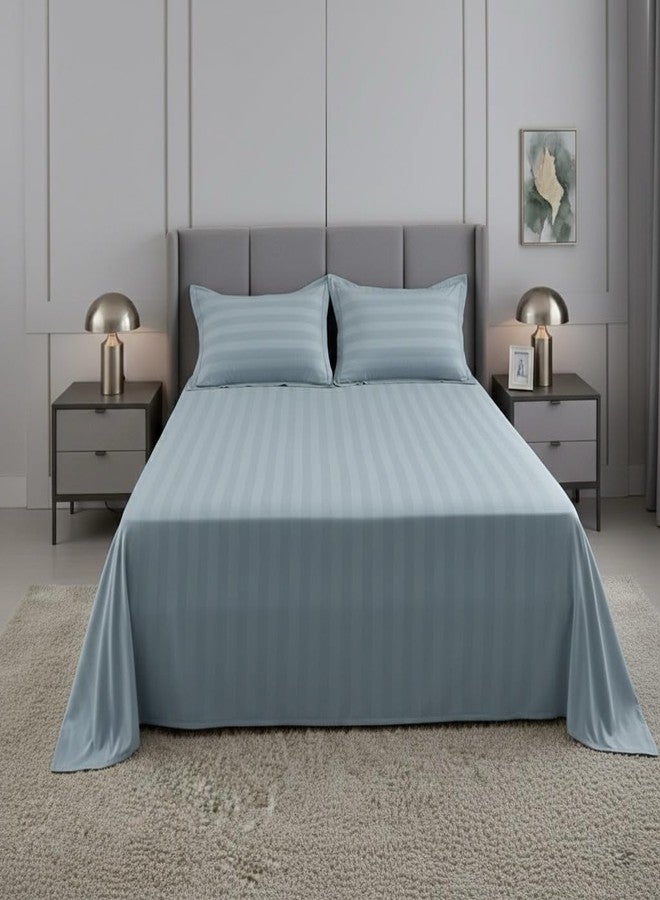 AVIS BEDLINEN طقم ملاءات سرير من AVIS BEDLINEN، مصنوع من القطن الخالص 100%، بنسيج 600 خيط، بنقشة مخططة، مع غطاءين للوسائد | طقم ملاءات ناعم ومريح ومتين لغرفة النوم | ملاءة سرير خفيفة الوزن وجيدة التهوية مناسبة لجميع الفصول (مقاس كينج، لون أزرق سماوي) - Image 5