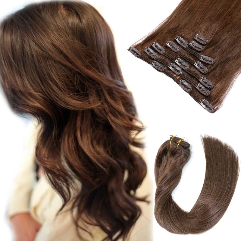 Human Hair Extensions Clipin Chocolate Brown Remy Hair Extensions Clip on 7 Pieces 70Gram Double Weft Straight Real Hair Extensions Clip in 20inch 2 Sets Full Head for Women