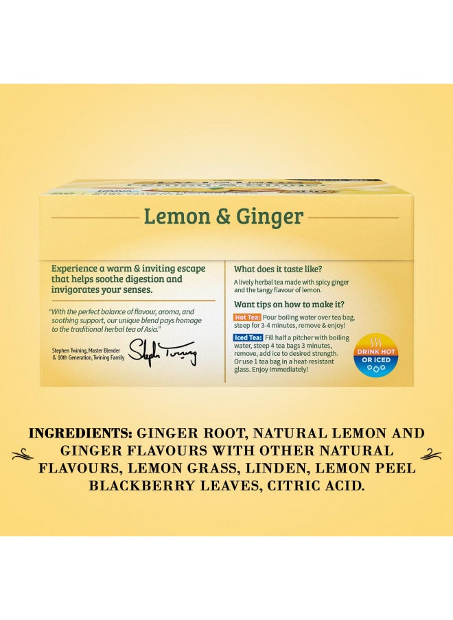 Twinings Lemon & Ginger Tea - Refreshing Ginger Root and Lemon Tea, Naturally Caffeine-Free Herbal Tea Bags Individually Wrapped, 50 Count