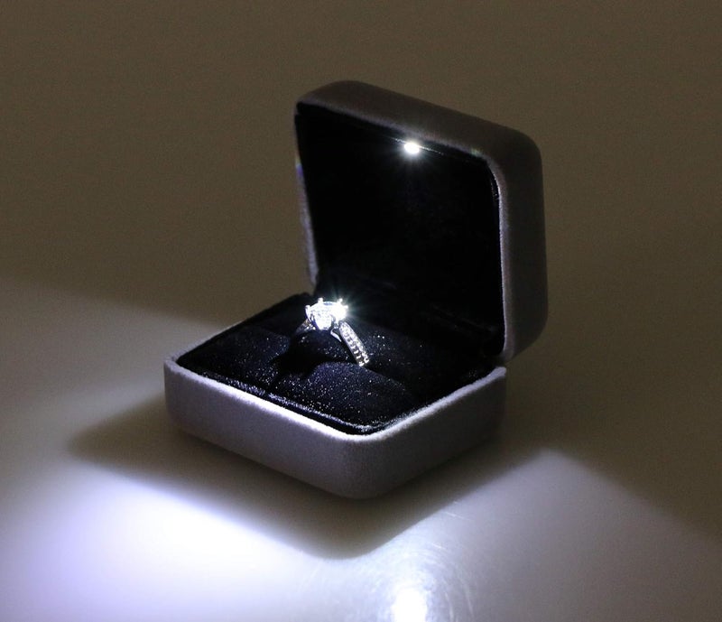 Omeet Velvet Metal Glossy with LED Jewelry Gift Box for Proposal, Engagement, Wedding - Easy to fit into Your Pocket or Handbag - Grey - Image 5