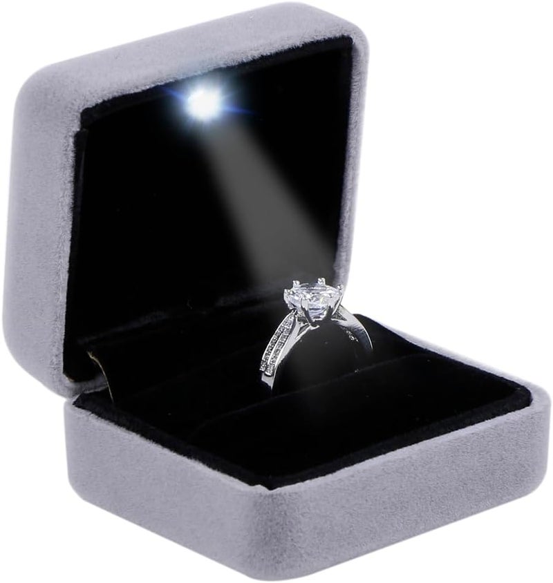 Omeet Velvet Metal Glossy with LED Jewelry Gift Box for Proposal, Engagement, Wedding - Easy to fit into Your Pocket or Handbag - Grey - Image 1