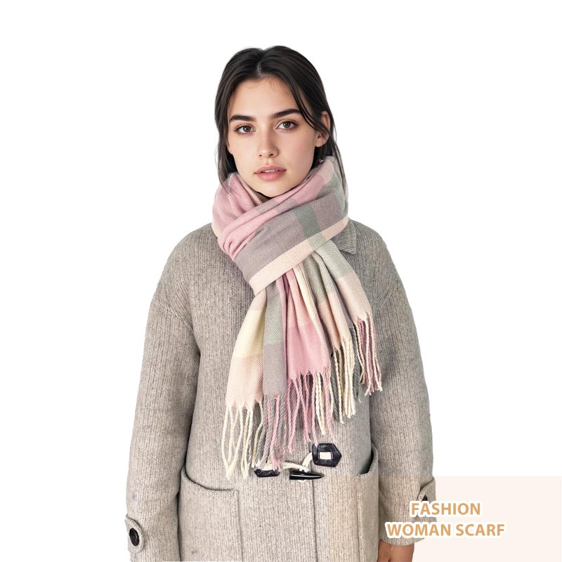 woogwin Winter Scarf for Women Cashmere Feel Plaid Warm Long Blanket Scarves Big Grid Pashmina Shawls and Wraps(Pink Grey) - Image 5