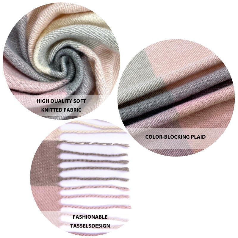 woogwin Winter Scarf for Women Cashmere Feel Plaid Warm Long Blanket Scarves Big Grid Pashmina Shawls and Wraps(Pink Grey) - Image 3