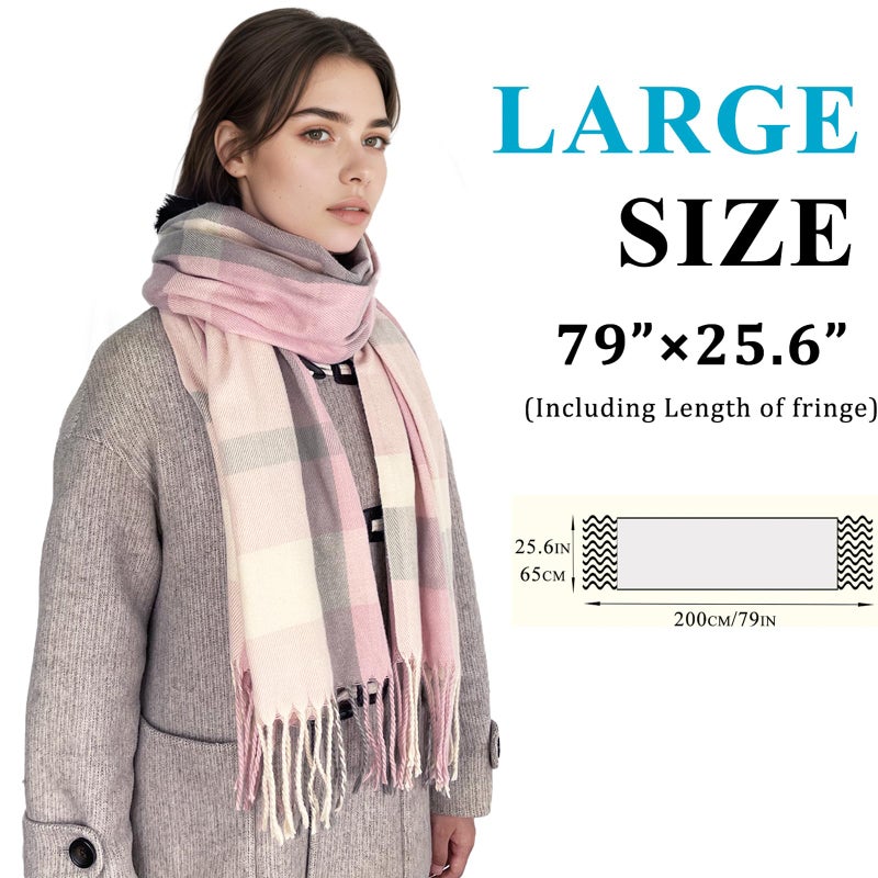 woogwin Winter Scarf for Women Cashmere Feel Plaid Warm Long Blanket Scarves Big Grid Pashmina Shawls and Wraps(Pink Grey) - Image 2