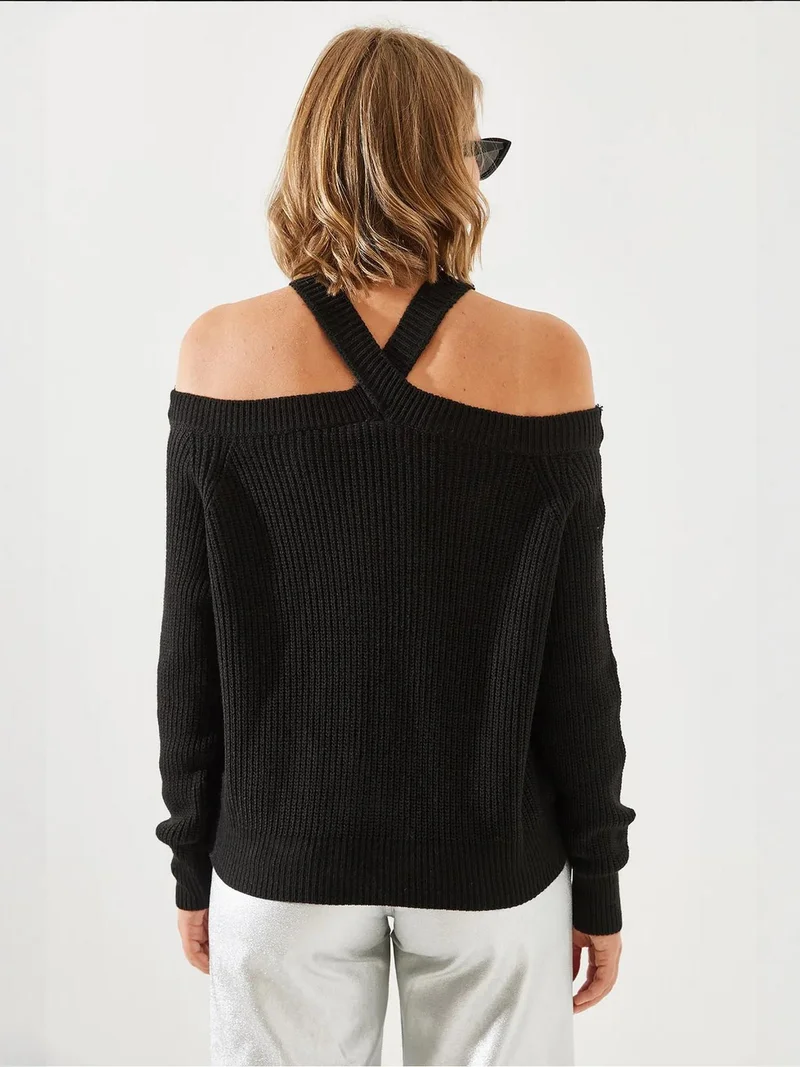 Bianco Lucci Black LUCCI Textured Crew Neck Long Sleeve Sweater with Cut Out Detail for Women | Best Price UAE