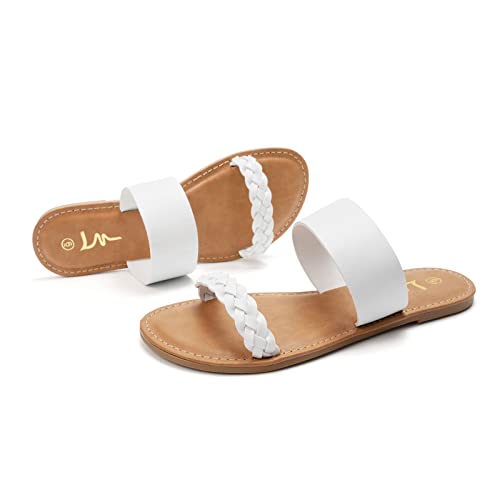 LM Women's Braided Slide Sandals Open Toe Two Strap Slip On Flat Sandals Casual Summer Shoes (7, White) - Image 5