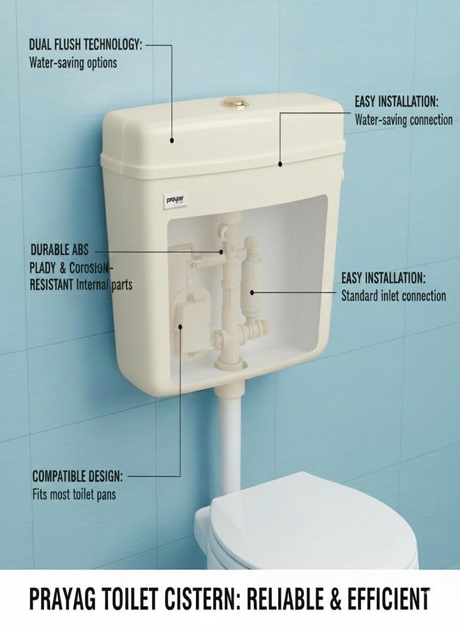 Prayag® Duo Flush PTMT 10 Litre Cistern for Indian & Western Toilet | Wall Mounted Cistern with Top Push Button | 3-Years Manufacturer Warranty | Leak-Proof Toilet Flush Tank - (Ivory) - Image 2