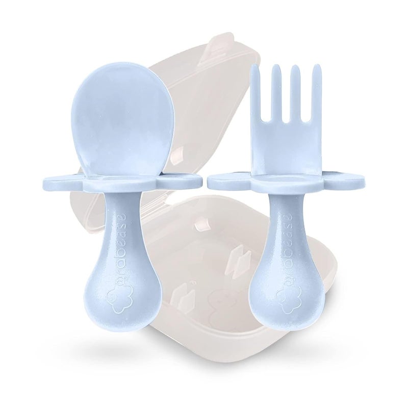 grabease Baby Spoon & Fork Set with Case - Ergonomic Baby Utensils for Tiny Hands - Short Spoons for Self-Feeding - Training Fork for Toddlers - Ice Blue, Pack of 1 - Image 1