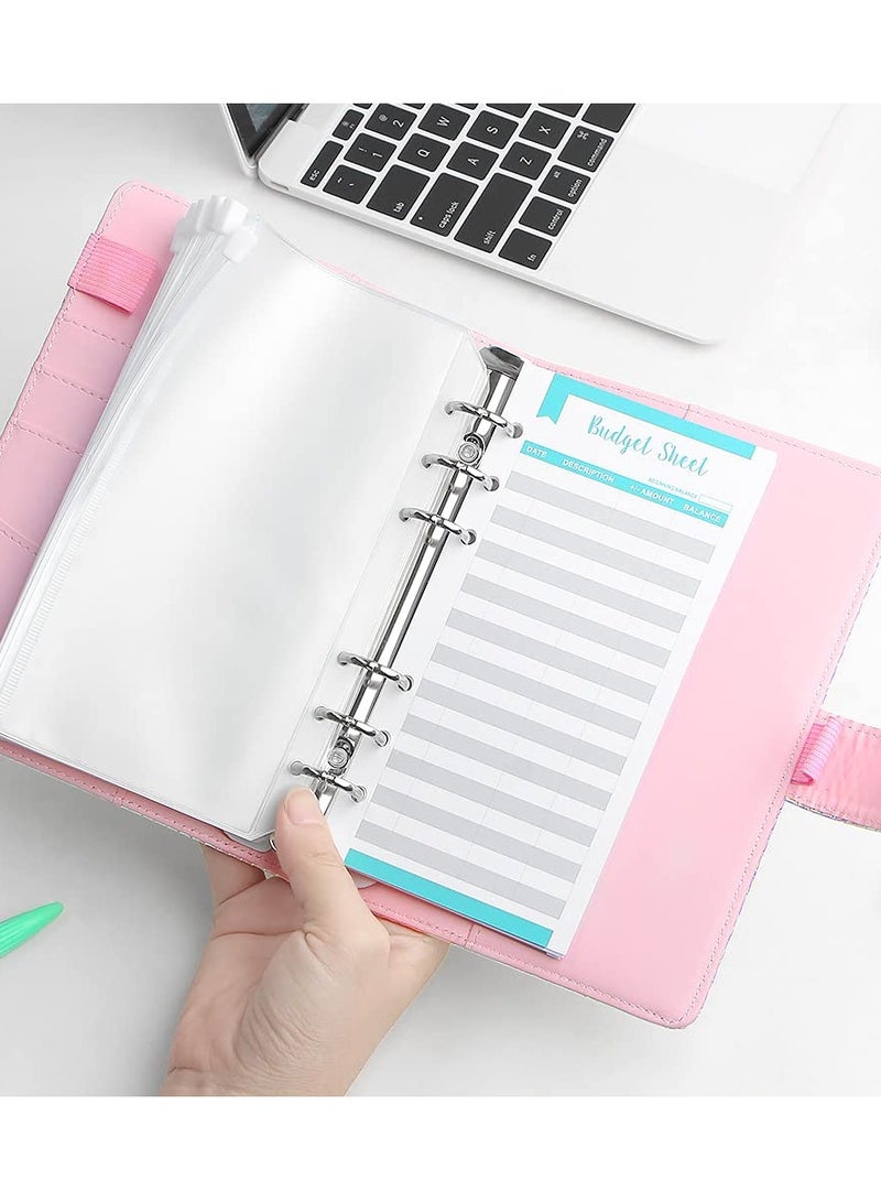 SOLARAE A6 Cash Envelopes Budget Binder,6 Ring Leather Notebook Binder Cover Binder Money Organizer Zippe Pockets,12pcs Expense Budget Sheets, 2pcs Letter Sticker Labels, Saving Cash Envelopes System (Pink) - Image 4