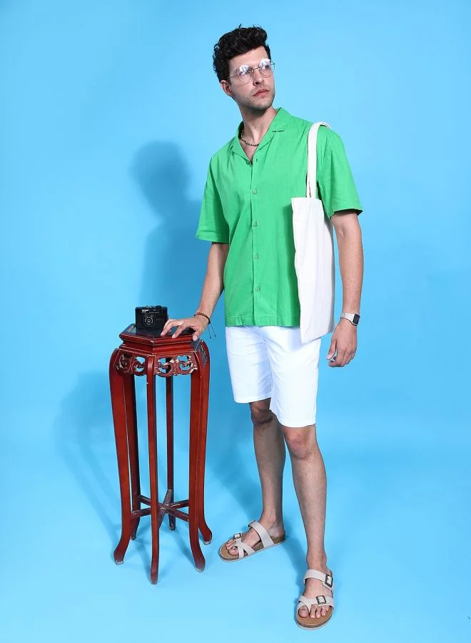 The Indian Garage Co Men Relaxed Fit Solid Half Sleeves Cuban Collar Resort Wear Shirt