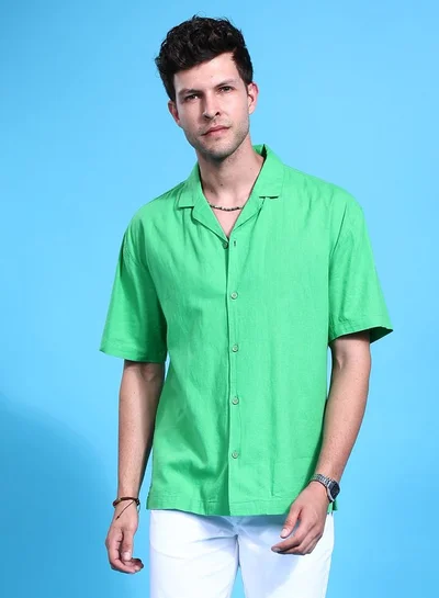 The Indian Garage Co Men Relaxed Fit Solid Half Sleeves Cuban Collar Resort Wear Shirt