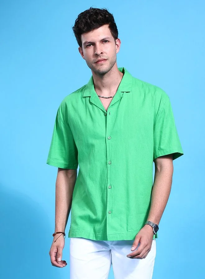 The Indian Garage Co Men Relaxed Fit Solid Half Sleeves Cuban Collar Resort Wear Shirt