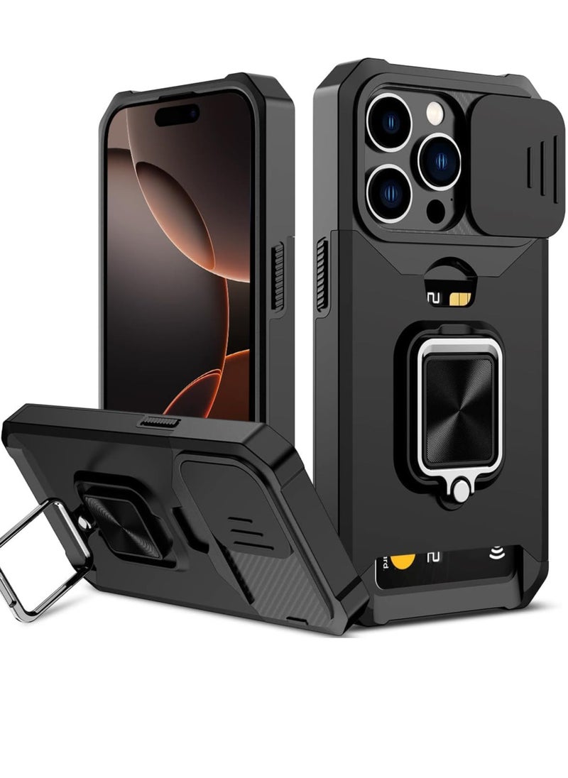 YoYoTech Compatible for iPhone 16 Pro Case with [Card Holder] [Slide Camera Cover] [360° Rotate Ring Kickstand] Heavy Duty Protective, Shockproof Bumper Cover-Black 