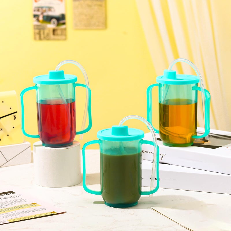 Sliner 3 Pcs adult sippy cups with long straw for elderly, 12 oz adaptive spill proof cups with 2 Handles and Straw Lid for Adults Liquid Feeding Disabled Hospital Patients Convalescent - Image 3