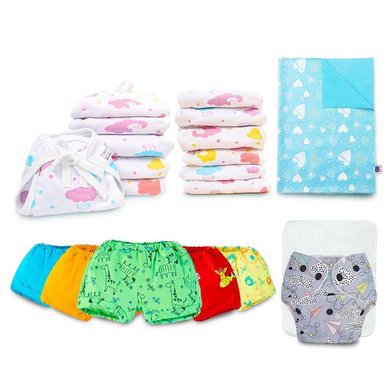 Superbottoms حفاضات قماش قابلة لإعادة الاستخدام من سوبر بوتومز - (طائرة) للأطفال من 0-3 سنوات | 5 شورتات قطنية ناعمة للأطفال من 6-9 أشهر | 12 لانغوت أساسي ناعم وقابل للتنفس للأطفال من 0-9 أشهر | 1 حصيرة تغيير حفاضات مقاومة للماء، للأطفال - Image 1