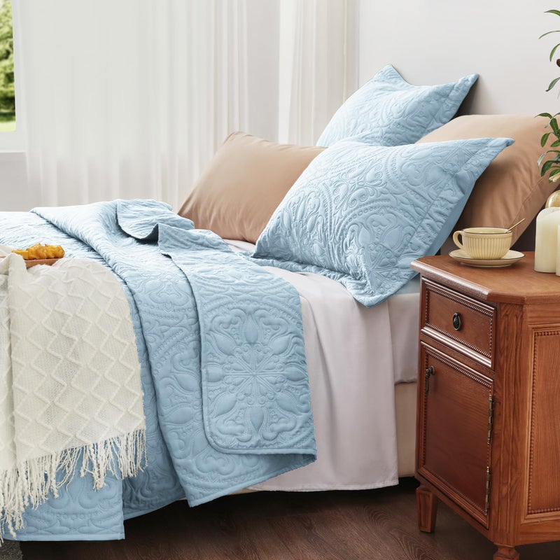 EXQ Home exq Home Quilt مجموعة كاملة بحجم كوين سبا الأزرق 3 قطعة خفيفة الوزن تغطية ناعمة ماندالا زهرة نمط الأسرة مجموعة طوال الموسم (1 لحاف 2 وسادة)  - Image 4