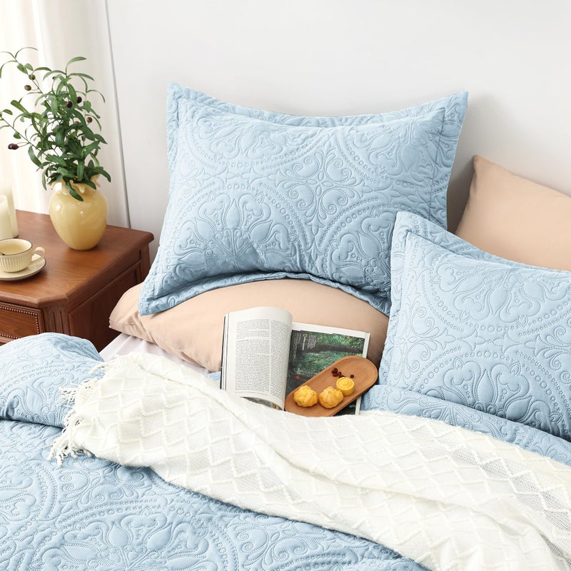 EXQ Home exq Home Quilt مجموعة كاملة بحجم كوين سبا الأزرق 3 قطعة خفيفة الوزن تغطية ناعمة ماندالا زهرة نمط الأسرة مجموعة طوال الموسم (1 لحاف 2 وسادة)  - Image 2