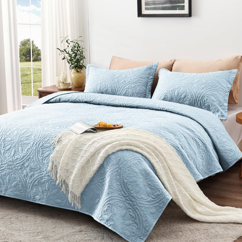 EXQ Home exq Home Quilt مجموعة كاملة بحجم كوين سبا الأزرق 3 قطعة خفيفة الوزن تغطية ناعمة ماندالا زهرة نمط الأسرة مجموعة طوال الموسم (1 لحاف 2 وسادة)  - Image 3