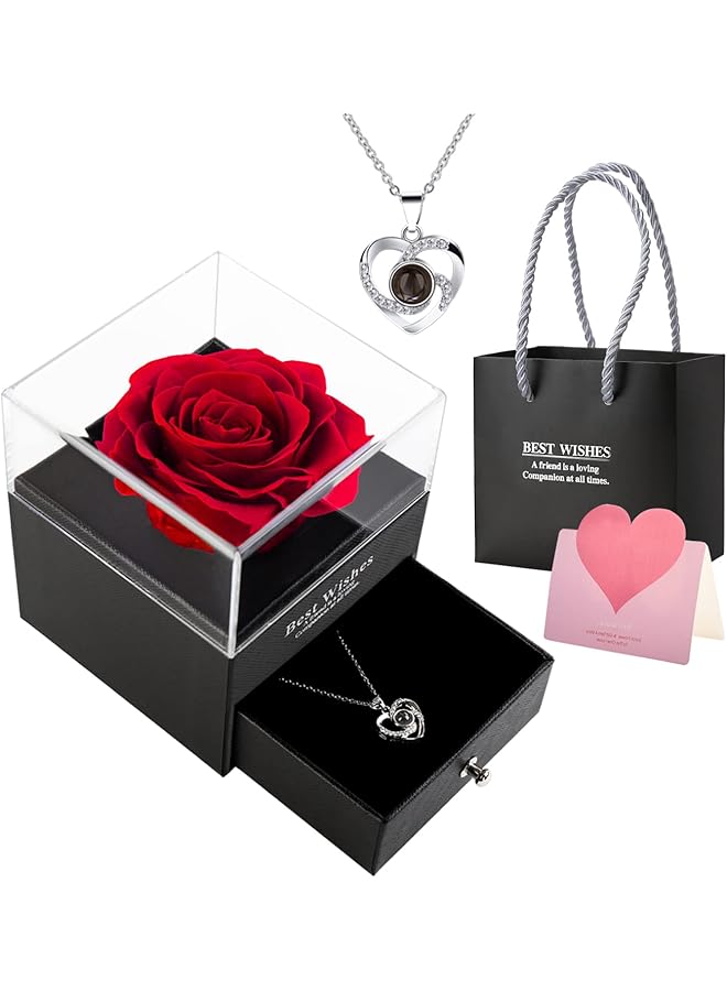 The Bros Rose Gifts for women Preserved Red Real Rose with Necklace Eternal Flowers Rose Gifts for Mom Girlfriend Her Wife for Valentines Day, Birthday, Thanks giving - Image 1
