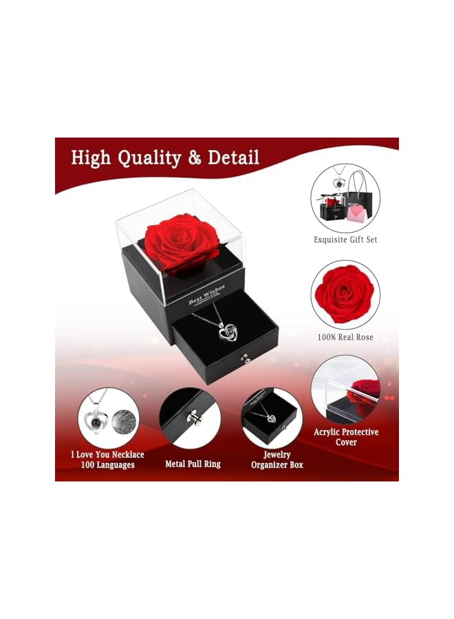 The Bros Rose Gifts for women Preserved Red Real Rose with Necklace Eternal Flowers Rose Gifts for Mom Girlfriend Her Wife for Valentines Day, Birthday, Thanks giving - Image 5