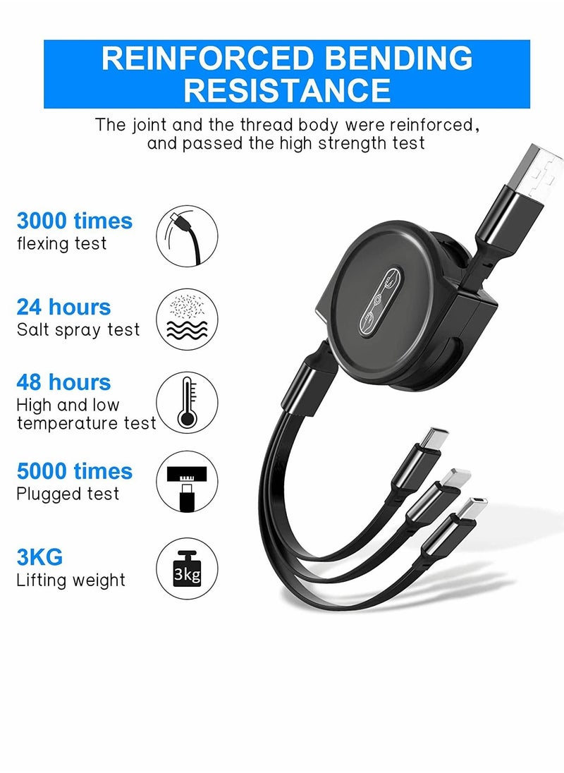 كابل شحن متعدد قابل للسحب 3A ، 4FT ، محول سلك USB قصير 3 في 1 متعدد ، مع IP Type-C ، موصلات منفذ USB الصغيرة ، لأجهزة الهواتف المحمولة والأجهزة اللوحية والمزيد ، عبوتان