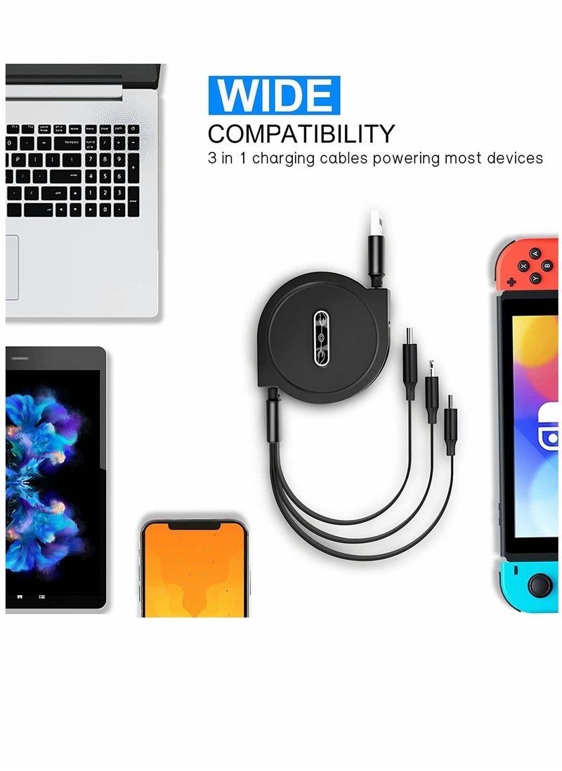 كابل شحن متعدد قابل للسحب 3A ، 4FT ، محول سلك USB قصير 3 في 1 متعدد ، مع IP Type-C ، موصلات منفذ USB الصغيرة ، لأجهزة الهواتف المحمولة والأجهزة اللوحية والمزيد ، عبوتان