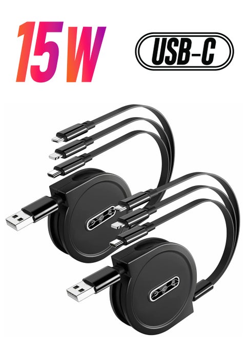 كابل شحن متعدد قابل للسحب 3A ، 4FT ، محول سلك USB قصير 3 في 1 متعدد ، مع IP Type-C ، موصلات منفذ USB الصغيرة ، لأجهزة الهواتف المحمولة والأجهزة اللوحية والمزيد ، عبوتان