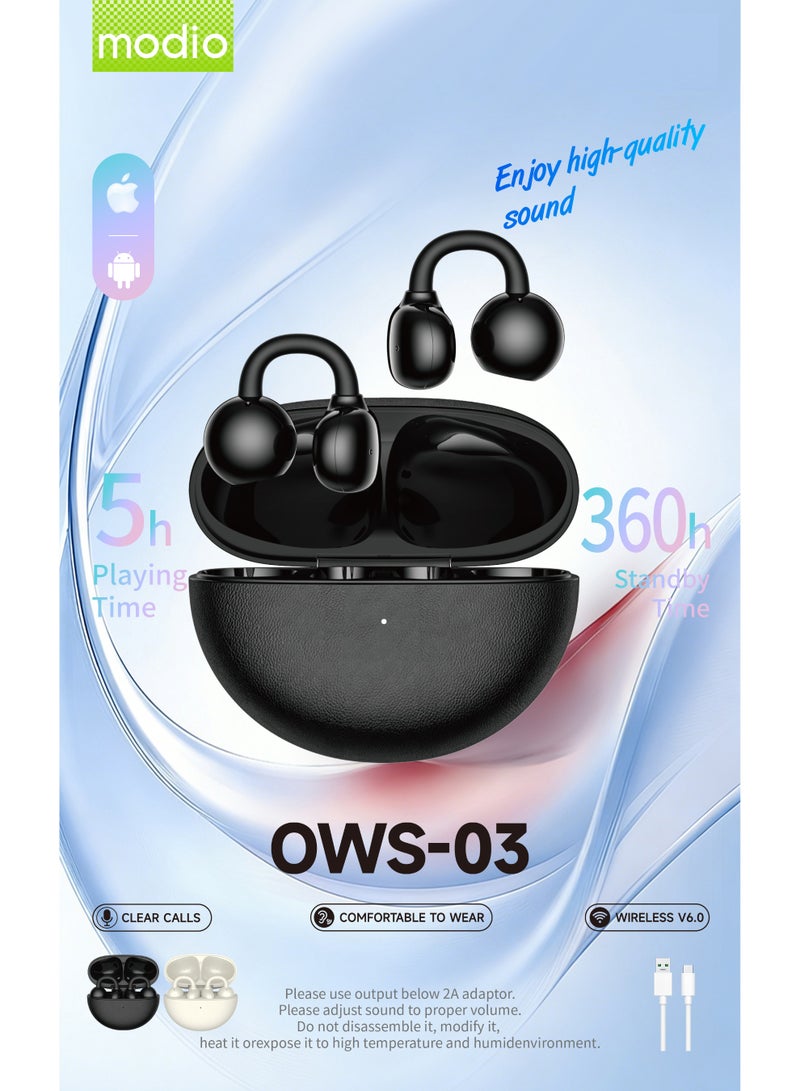 Modio OWS-03 Wireless Ear Clip Earbuds Bluetooth 6.0 Open-Ear Comfortable Fit With Microphone and Multi Functional Touch Controls Black - Image 2