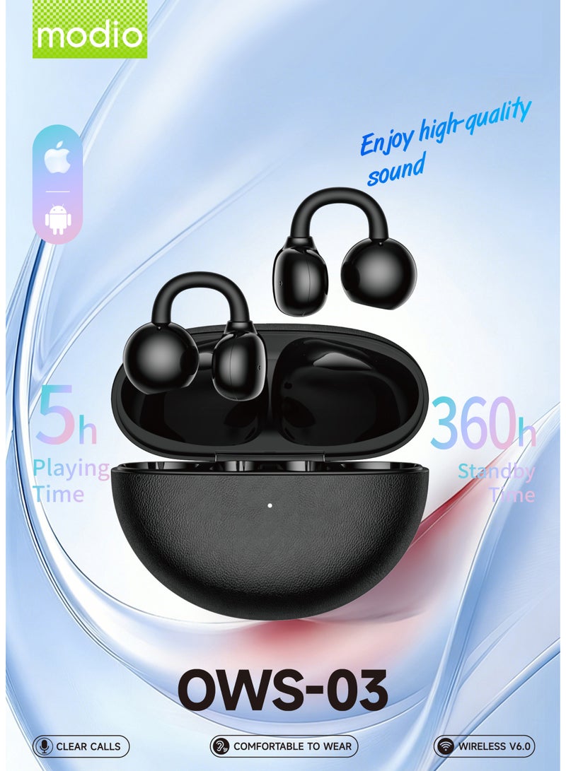 Modio OWS-03 Wireless Ear Clip Earbuds Bluetooth 6.0 Open-Ear Comfortable Fit With Microphone and Multi Functional Touch Controls Black - Image 4