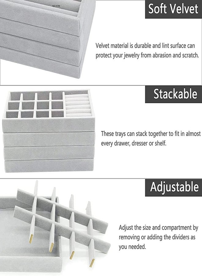 D Classic Decor أدراج مجوهرات مخملية فاخرة من دي كلاسيك ديكور - مجموعة من 4 منظمات قابلة للتكديس، حامل خواتم وحافظة قلائد باللون الرمادي الأنيق. - Image 4
