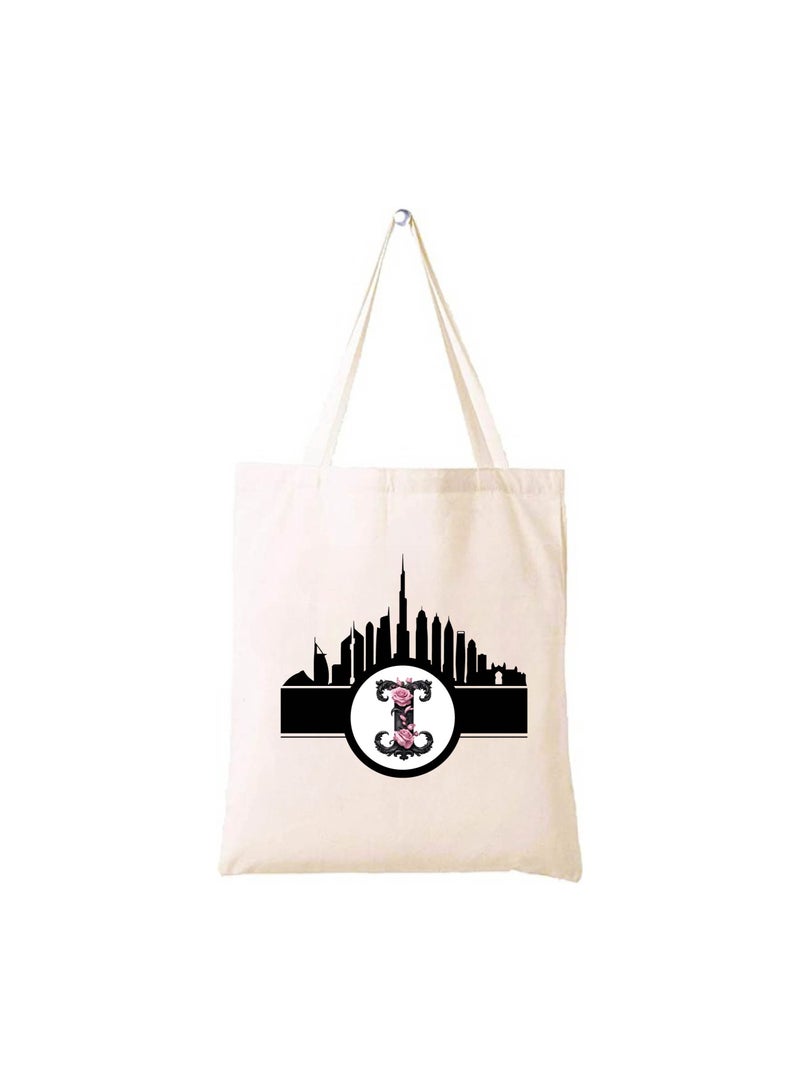 PRINTSHOP4ME Initial Monogram Cotton Tote Bag with Dubai Skyline Theme - Perfect for Reusable Grocery and Travel Bag - Gift for Her - Friends and Family - Image 1