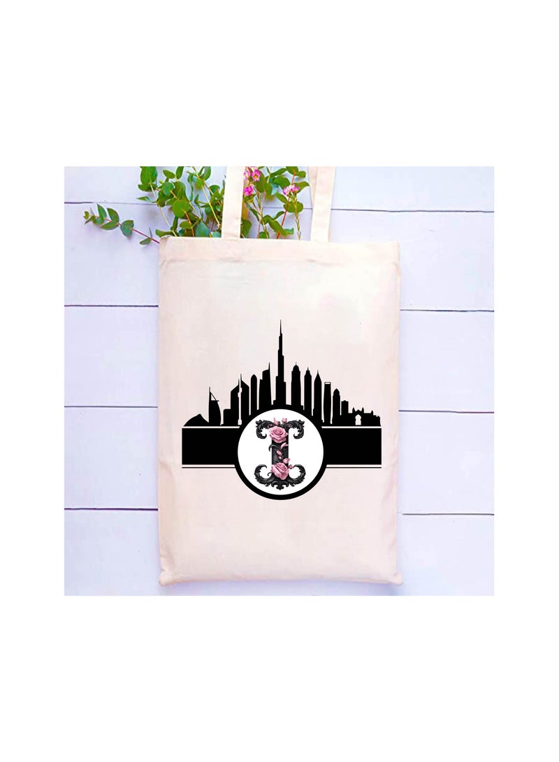 PRINTSHOP4ME Initial Monogram Cotton Tote Bag with Dubai Skyline Theme - Perfect for Reusable Grocery and Travel Bag - Gift for Her - Friends and Family - Image 2