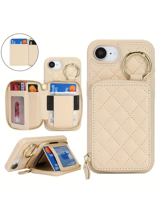Khaki Leopard Print Phone Wallet Compatible with iPhone 16E Card Slot Zipper Compartment Ring Holder - Image 1